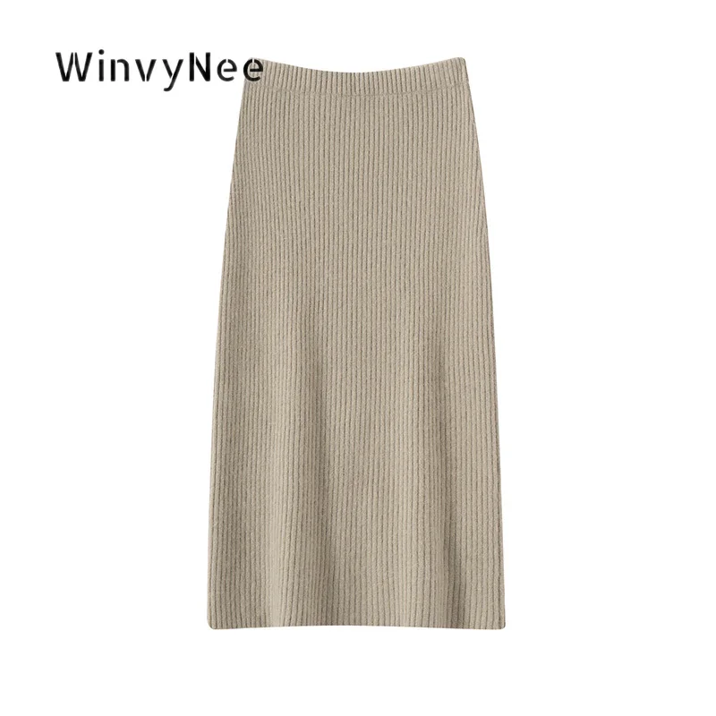 WinvyNee Women Midi Skirt Cashmere Elastic Waist Fine Knit Straight Silhouette Formal Soft Thermal Daily Fashion Outfit F1044078