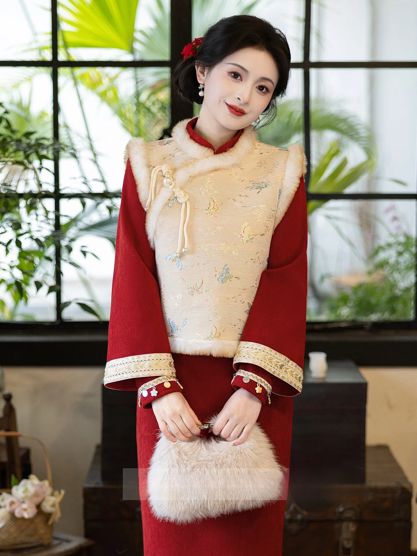 

Red Velvet Thiened Floed New Year's Celebration Set Traditional Chinese Sle Winter Warm Long Sve Gown