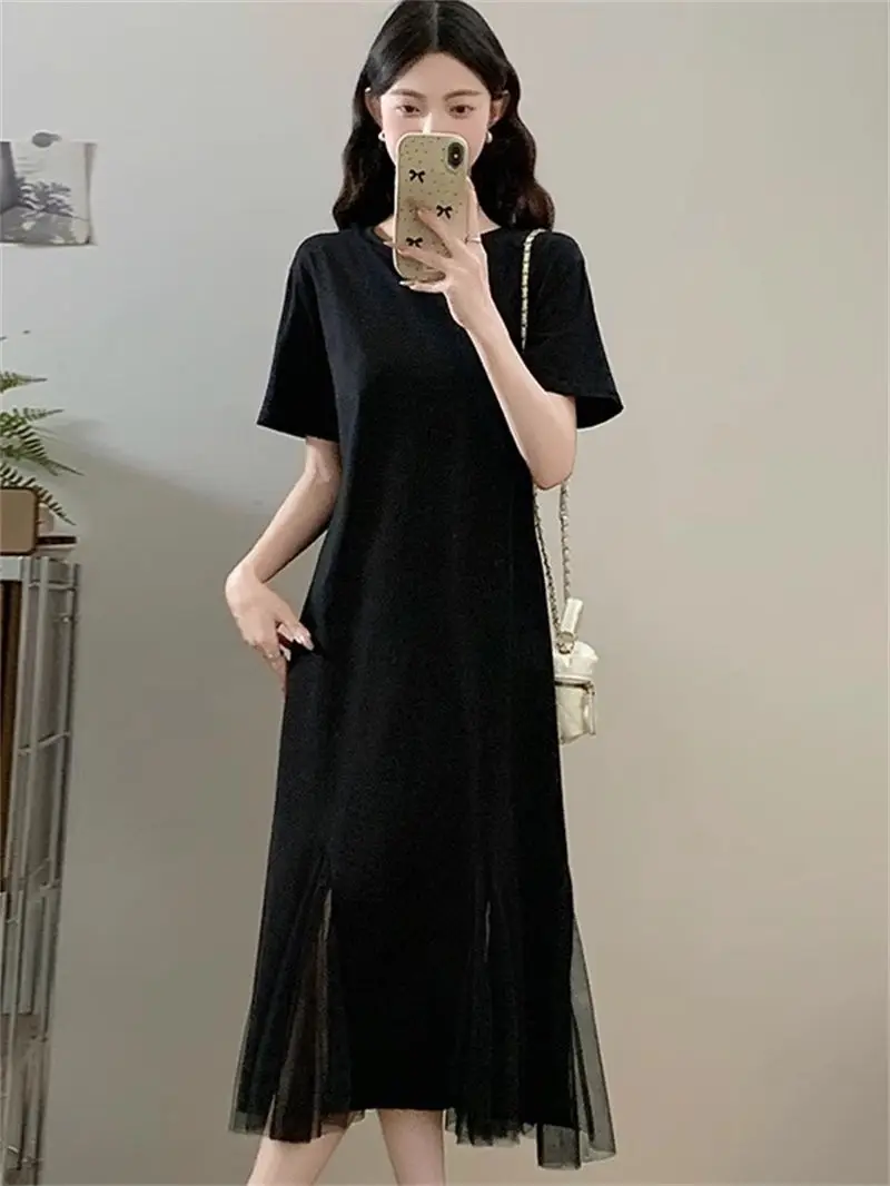 Simple 2025 New Summer Women's French Slim Dress Mesh Panel Mermaid Hem T-Shirt Dress Breathable Casual G639