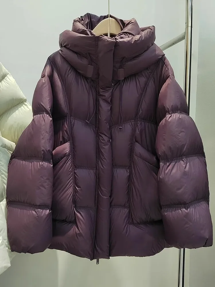 Verdickte Daunenjacke für Damen mit Kapuze, mittellang, Brotanzug, Winter, neuer Puff, warm, locker, koreanischer Chic, 90er-weißer Entenwähnungsmantel, weiblich