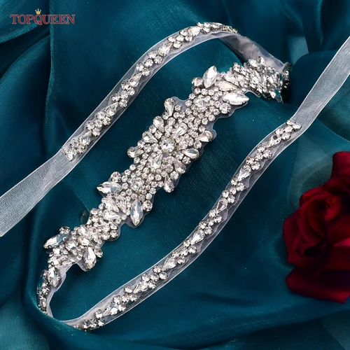 TOPQUEEN-Cinturón de novia con diamantes de imitación para mujer, accesorios de vestido de novia, cinturón de cinta de satén S51