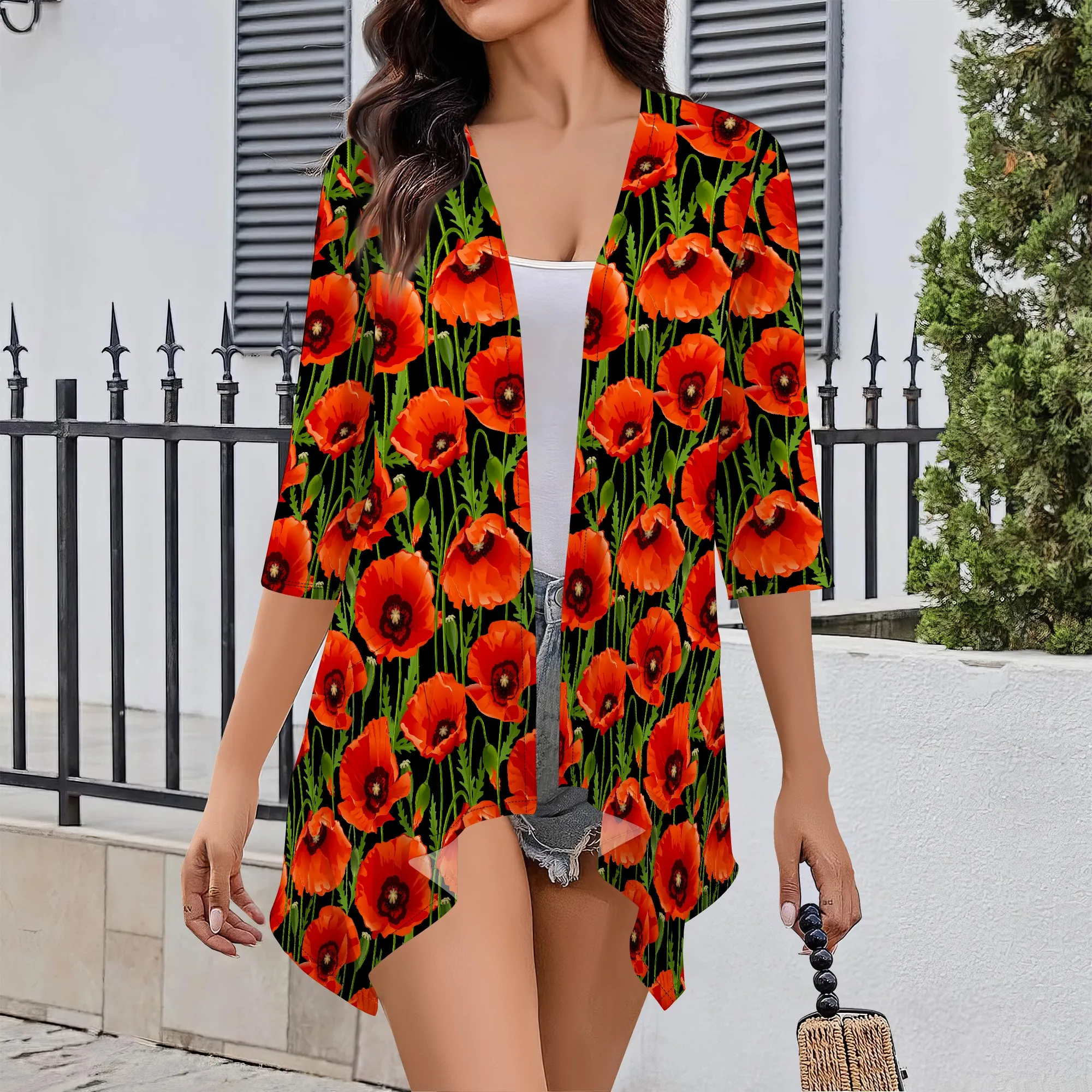 

Women's Half Sleeve Cardigan Floral Print Blouse Shirts Lightweight Thin Coat Fashion for Outdoor with Pocket