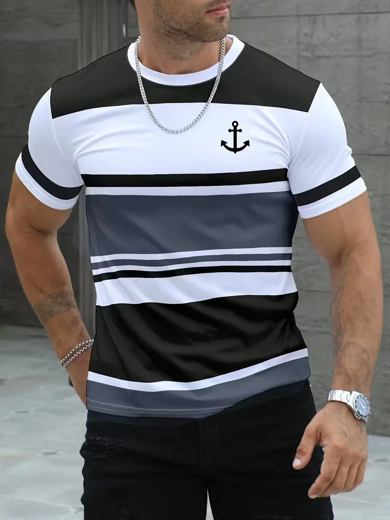 Mens T-shirt black white grey horizontal stripe anchor graphic print short sleeve crew neck nautical casual top