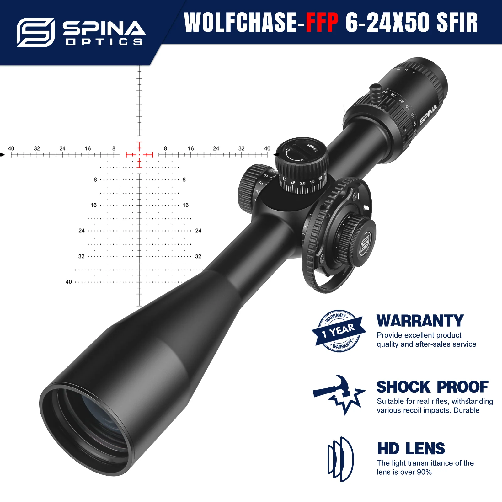 

SPINA OPTICS WolfChase HD 6-24x50 FFP Etched Glass Reticle 1/8 MOA Min Focus 10yds Hunting Riflescope Carbine PCP AR.308.556.223