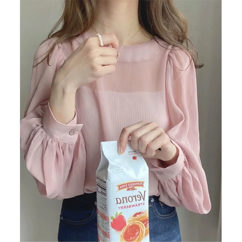

Korean Japanese Round Neck Chiffon Blouse Summer Beachwear Casual Tops Loose Airy Shirt For Women Outdoor Travel Daily