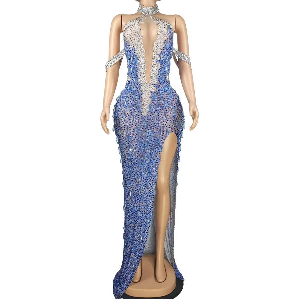Luxury Sparkly Crystals See Through Mesh Mini Dress Birthday Party Outfit Photo Shoot Wear Cocktail Photo Shoot Dress