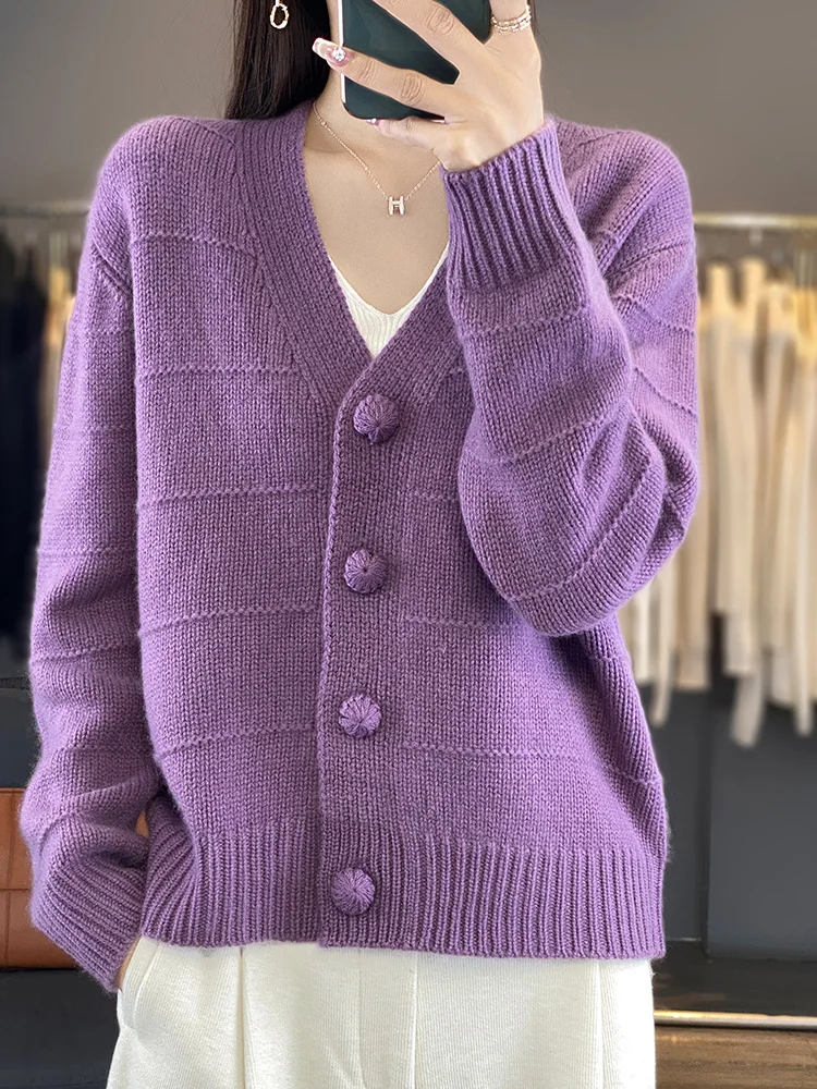 Oversize Womens Cardigan 100% Merino Wool New Arrival Sweater VNeck Pullover Knitted Jumper Lady Clothes Outerwear Fashion Trend