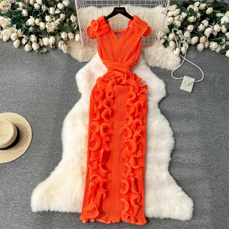 Ruffles Sleeveless Maxi Dress Women Solid O Neck Elastic Waist Fashion 2024 Ladies Summer Slim Evening Dresses