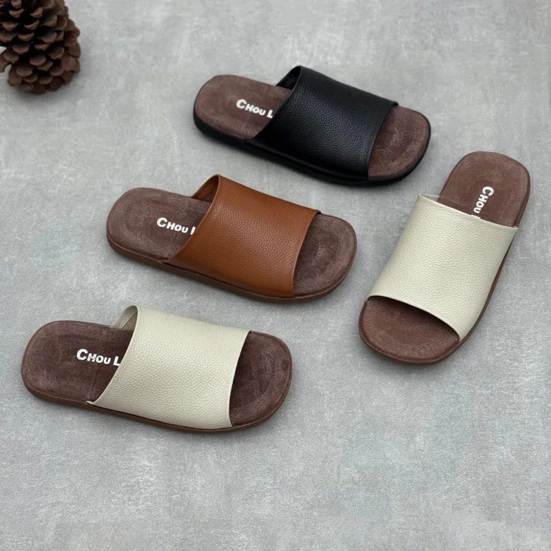 

Luxury Cow Leather Women's Slippers Handmade Breathable 2026 Summer New Outdoor Comfortable Fashion Shoes for Woman Size 40