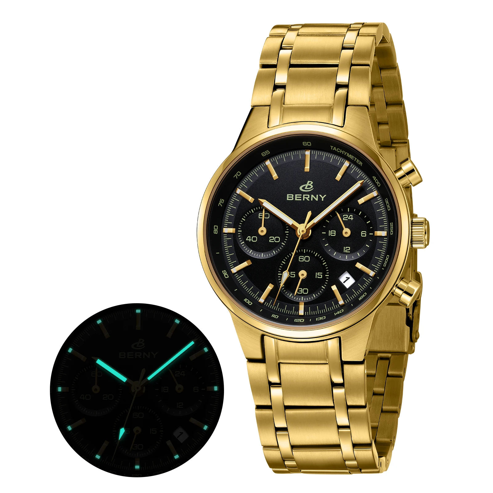 BERNY Топ Золотые Часы с Хронографом для Мужчин Панда Циферблат Кварцевые Спортивные Скоростные Модные Сапфировые Водонепроницаемые Мужские Часы Из Нержавеющей Стали