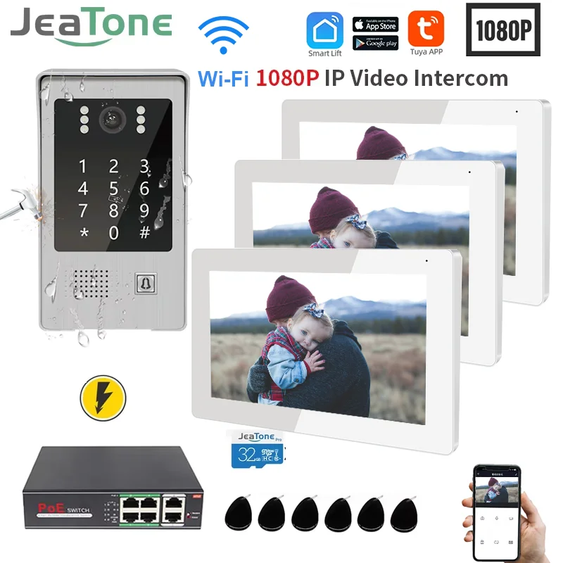 

Jeatone 7inch IP Video Intercom Doorbell kit 1080P Touch Monitor Smart Tuya Home Wifi Door Phone with RFID Code PoE Switch kits