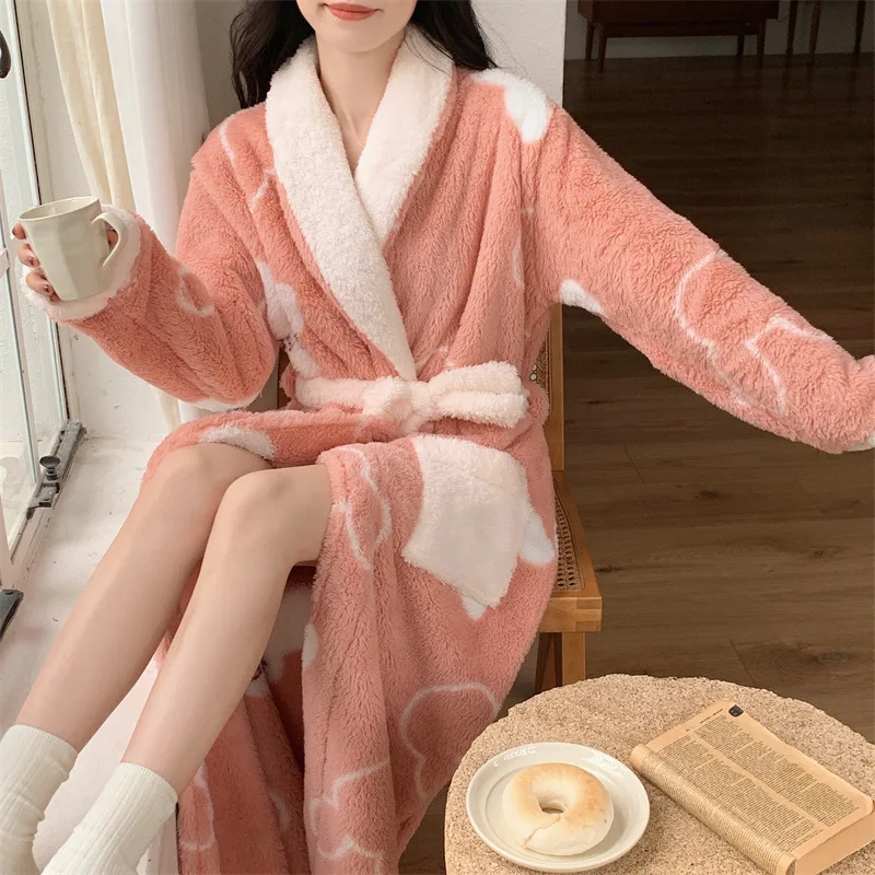 2024 Winter New Flannel Sleepwear Loose Kimono Robe Sweet Homewear Women Warm Robes Long Nightwear Coral Fleece Lounge Wear