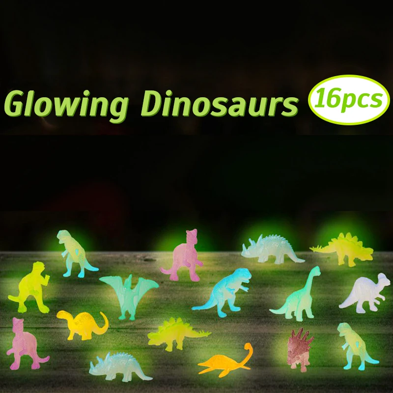 16pcs Mini Luminous Dinosaurs Glow in the Dark Dino Toys Treat Kids Birthday Party Favors Boy Girl Gift Goodies Fillers Ornament