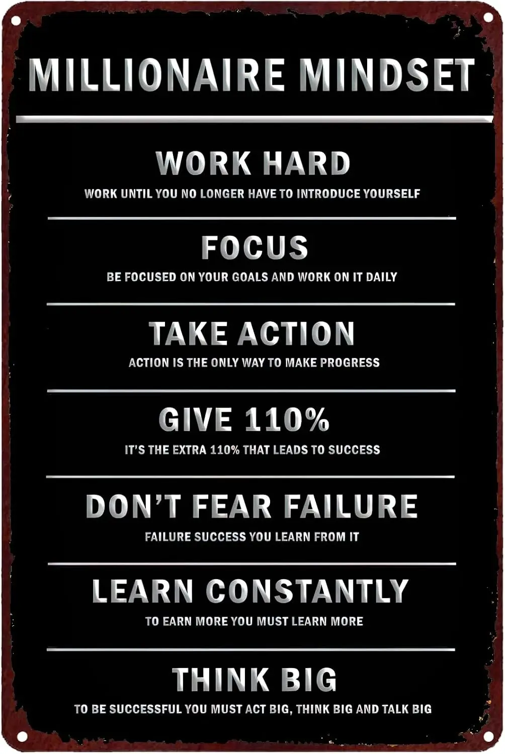 Millionaire Mindset 7 Rules Wall Art Vintage Tin Signs,Motivational Inspirational Wall Art Positive Quotes Home Decor Tin P sign