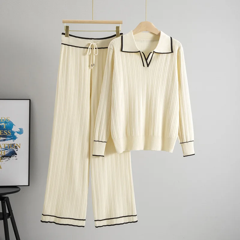 Greenora Business Casual Scandinavian Style Matching Set Women Knit Sweater Wide Leg Pants Two Piece Set Autumn Modest Fashion