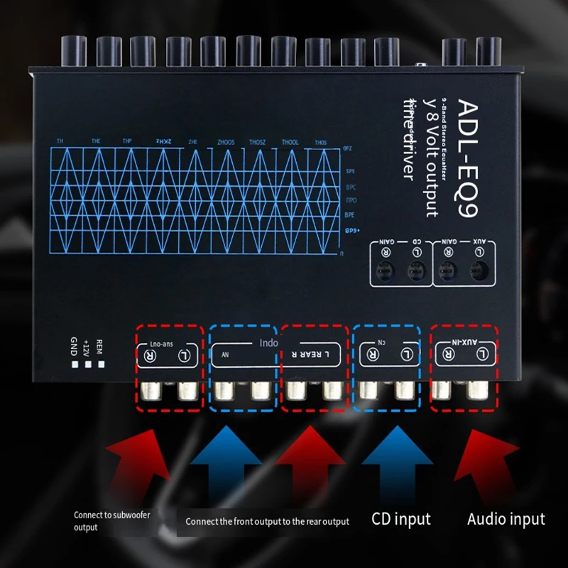 9-Band Car Audio Equalizer 1/2 DIN Pre-Amp，with CD/AUX Input Select Switch，Subwoofer Outputs