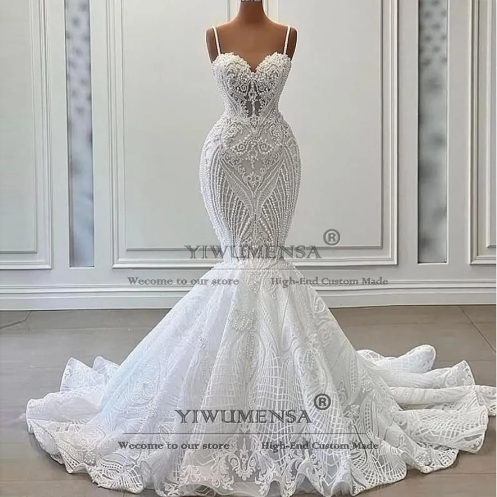 

Exquisite Pearls Lace Appliques Bridal Gowns Customized Spaghetti Strap Sleeveless Mermaid Wedding Dresses Bride Party Clothing