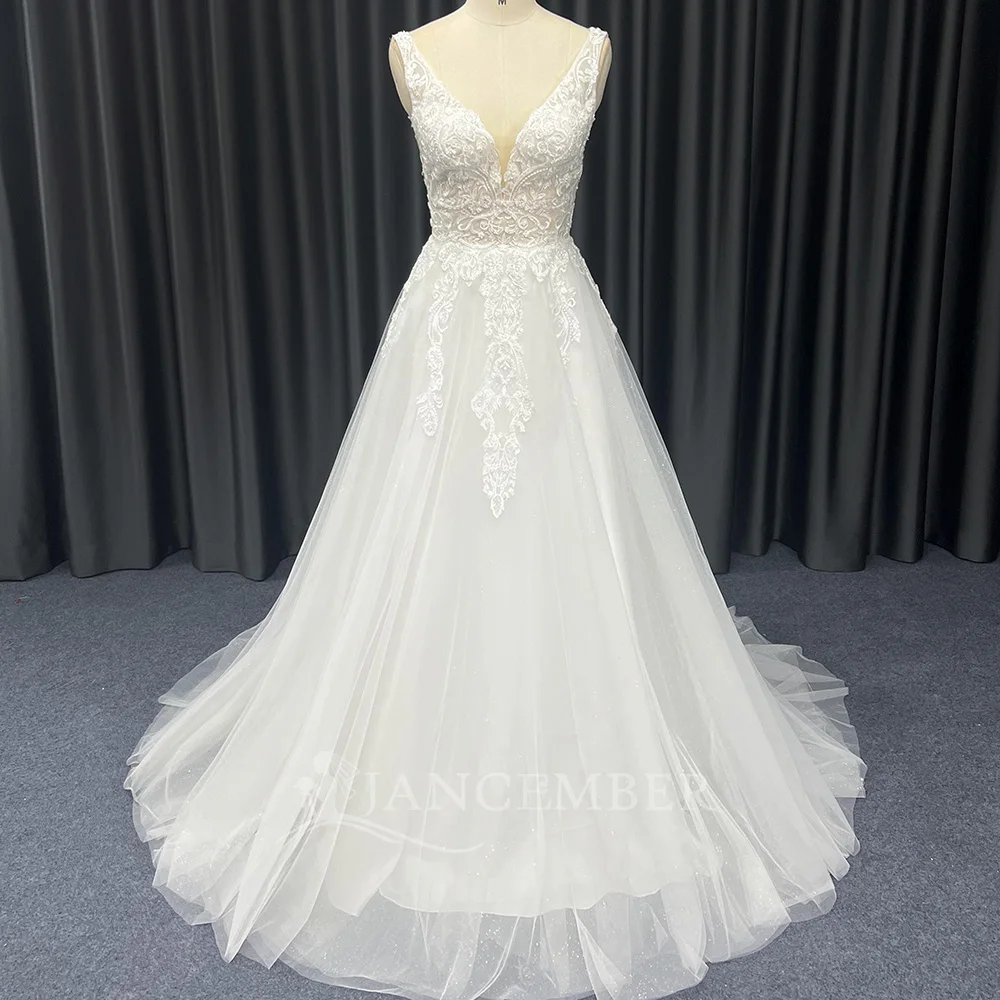 

Sleeveless Lace Wedding Dress 2025 Surprise Price A-Line Back Bridal Gown V Neck Tulle Customized Vestido De Noiva boda