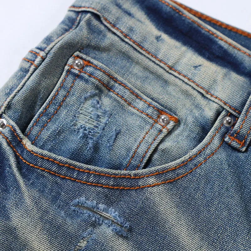 Light blue men's dark blue jeans, washed with water, nostalgic stretch, slim fit, ripped hole, pink patch jeans, hip-hop brand p