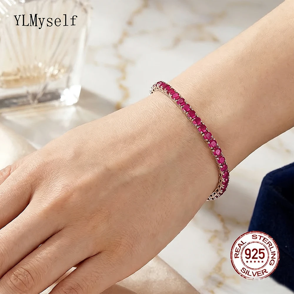 

YLMyself 3mm 925 Silver Ruby Zircon Tennis Bracelet 15-20cm Women Fine Jewelry
