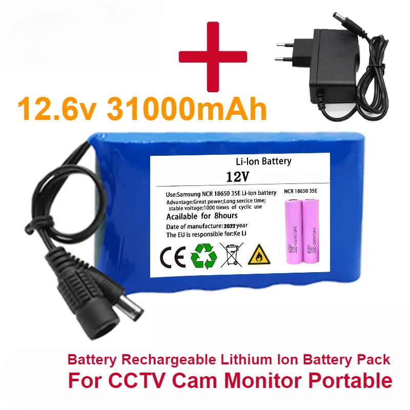 For CCTV Cam Monitor Portable Super 12V Battery Rechargeable Lithium Ion Battery Pack Capacity DC 12.6v 31000mAh