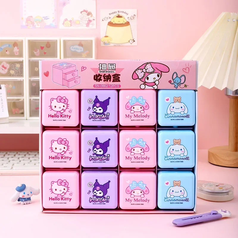

12pcs Sanrio Kawaii Hello Kitty Desktop Stationery Storage Box My Melody Cinnamoroll Anime Cartoon Cute Jewelry Box with Drawer