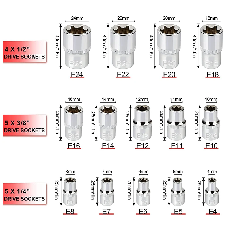 14Pcs E-Torx Star ชุดซ็อกเก็ตหญิงภายนอก Star E4-E24แรงบิดชุดซ็อกเก็ต1/4 "3/8" 1/2 "อะแดปเตอร์