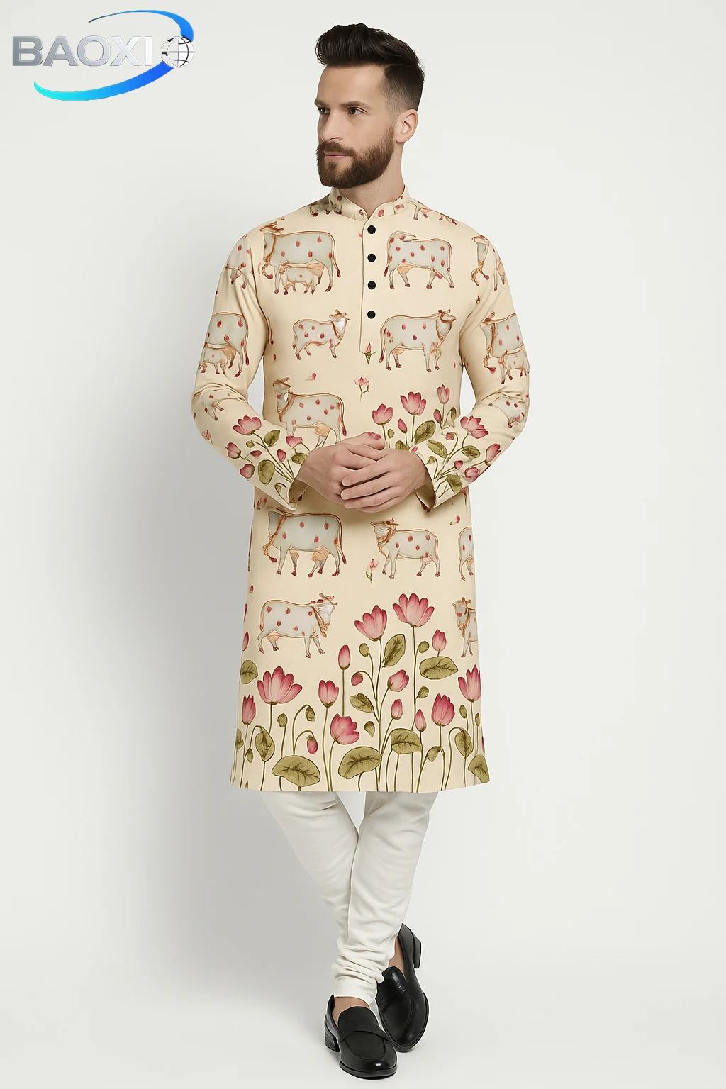 2025 uomo stampato kurta dheha alla moda e confortevole vestibilità colletto alla coreana abito lungo adatto a tutte le occasioni,