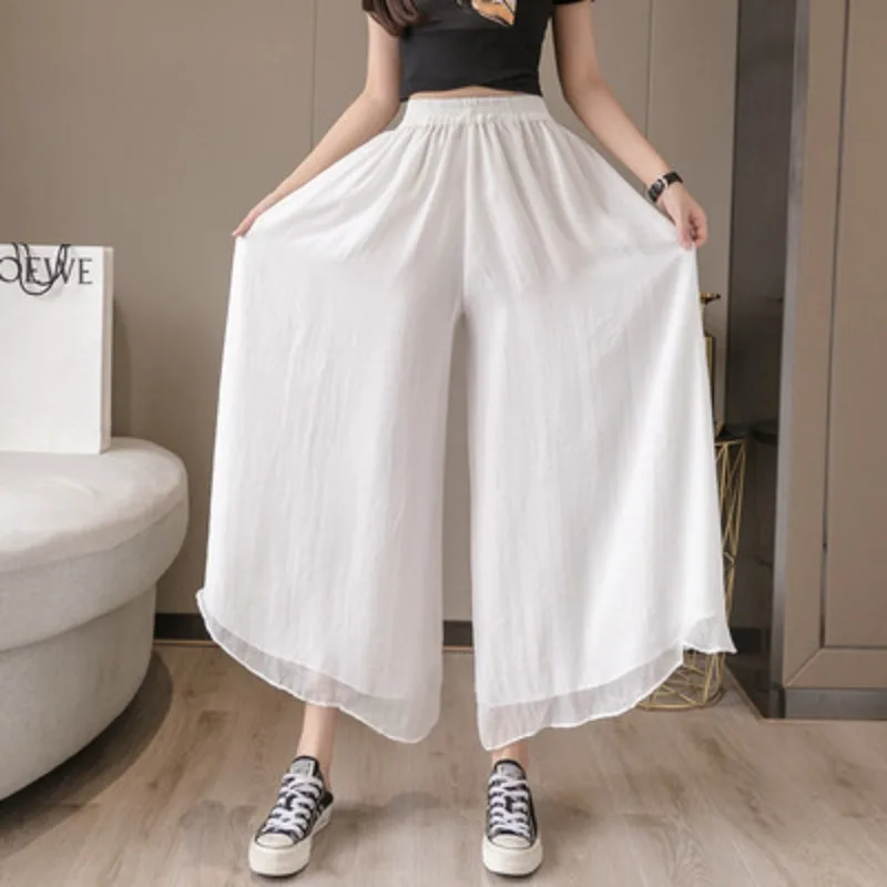 Double Layer Chiffon Wide Leg Pants for Women Summer New Elastic Waist Casual Thin Fairy Pants Loose Nine-point Pants