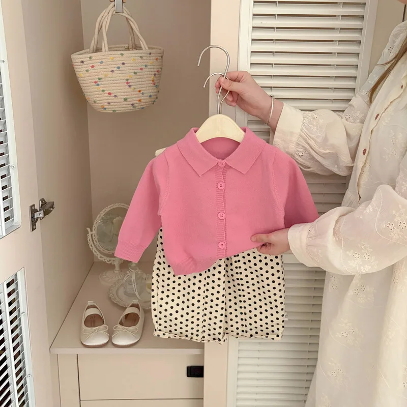 2026 Autumn New Baby Long Sleeve Sweater Coat Girls Polo Collar Knitted Cardigan Solid Toddler Casual Knitwear Kids Clothes