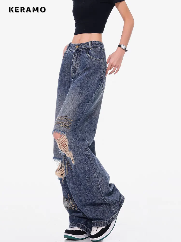 

American Retro Hip-hop Pockets Baggy Mop Pants Full Length Grunge Ripped Jean Women's Emo Casual Y2K Street Denim Trouser