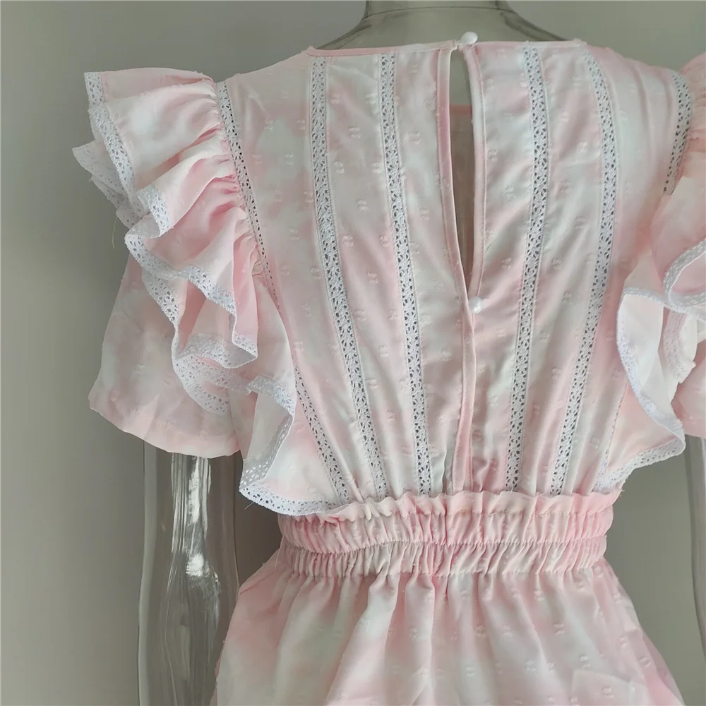 2022 Summer Short Sleeve Vocation Women White Mini Dress Holiday Lace Ruffled Dress Pink