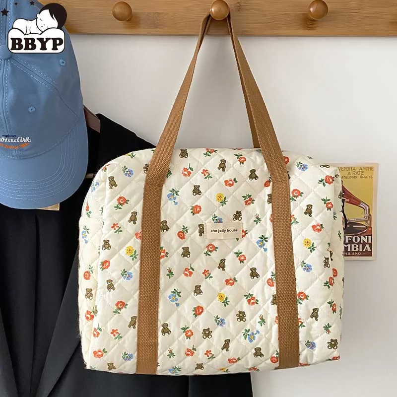 

Quilting Women Cotton Handbag Bear Floral Print Cute Books Shoulder Bag Zipper Large Tote Mommy Bag Soft Cloth Shopping Bags