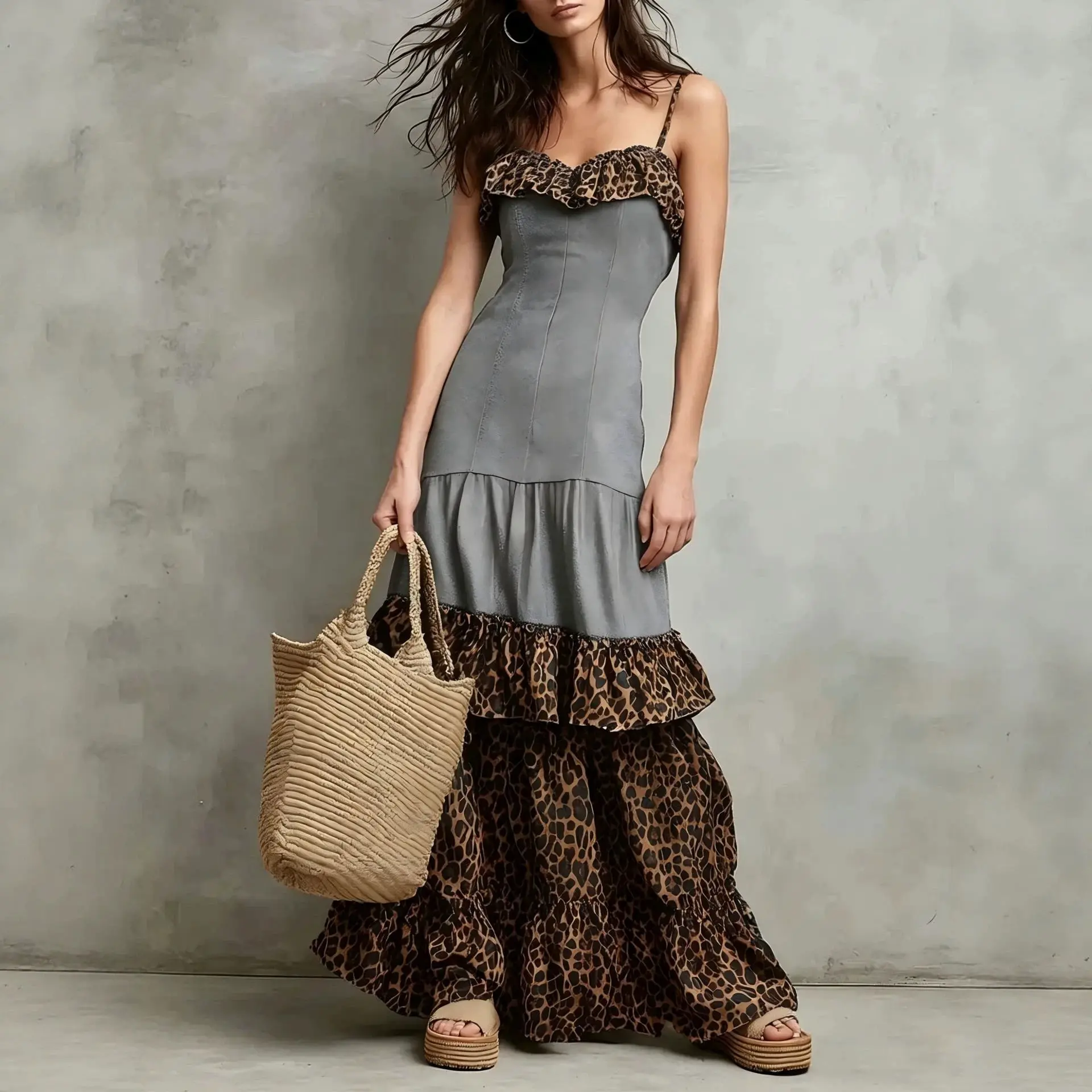 

Women's Leopard Print Tiered Maxi Dress New in Spaghetti Strap Ruffle Hem Sleeveless Chic Summer Styles Vacation Party Dress