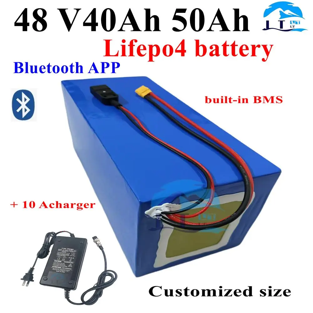 

Batterie au lithium Lifepo4, 48V, 50Ah, 40Ah, Bluetooth BMS, 16S, 2000W, pour scooter, vélo, tricycle, bateau, Go Cart, chargeur