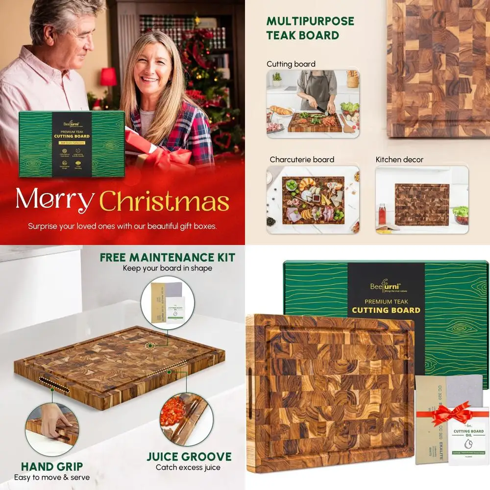 

Small Teak Wood End-Grain Cutting Board, 16x12x1.5, with Juice Groove and Grip, Ideal for Kitchen, Charcuterie, Serving, Christm