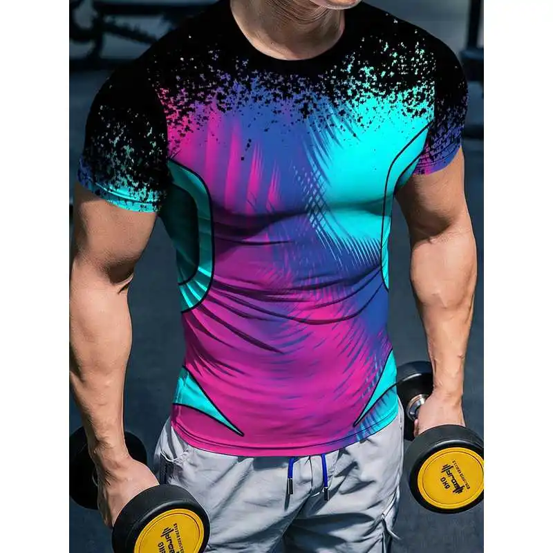 Men's Slim Fit Compression Fitness T Shirt Black Base Gradient Cyan Pink Granular Splatter Feather Design High Elastic V Taper