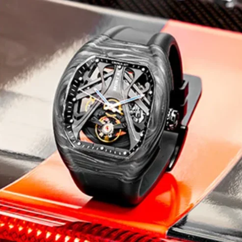 

CRONUSART Мужские автоматические часы 42 мм Tonneau Tonneau Механические наручные часы из углеродного волокна Складная скрытая ручка с короной Скелетонизированный циферблат