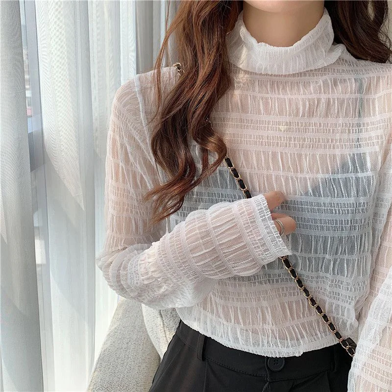 

Fashion Turtleneck Solid Color Ruffles Folds T-Shirt Female Clothing 2023 Autumn New Casual Pullovers Loose Commute Tee Shirt