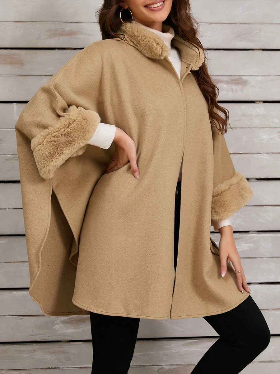 Women s Stylish Faux Fur Trimmed Cloak with Button Closure and 3 4 Sleeves Perfect for Casual Daily Wear in Fall