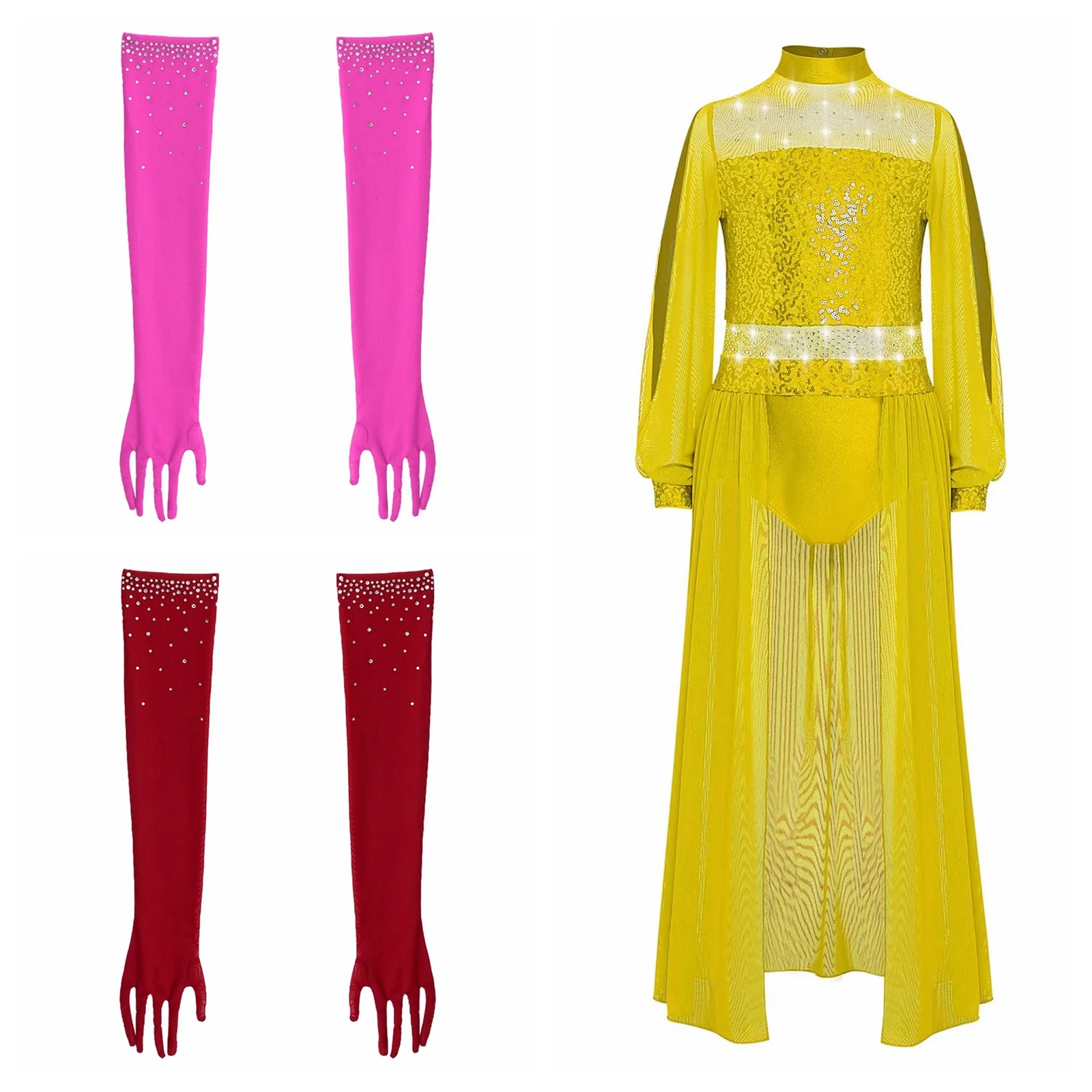 

Dancewear for Girls Shiny Sequins Leotard Dresses Lyrical Dance Costume Kids Modern Contemporary Performance Sheer Mesh Dress