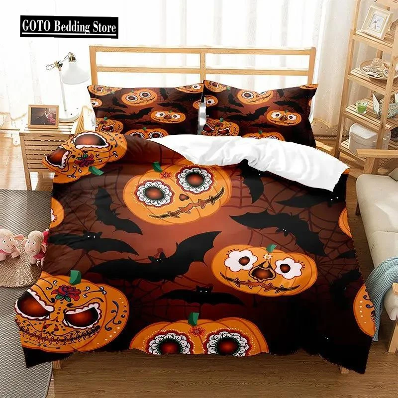 

3d Luxury Gold Comforter Bedding Set Pumpkin Bat Halloween Gifts Bed Cover Set 100% Microfiber Fabric Rose Skull California King