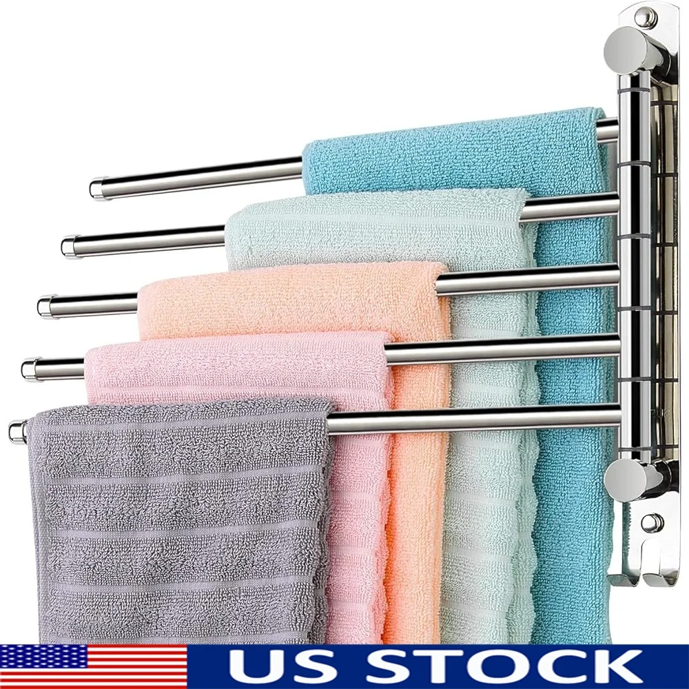 

5 Arm Swivel Towel Bar Stainless Steel Wall Mounted Organizer Noise Free Rotation Heavy Duty Towel Holder Storage Rack Bathroom