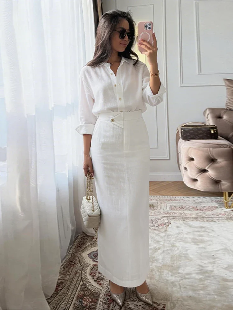 Women 2 Piece Set Outfit Long Sleeve Button Down Shirt Maxi Skirt High Waist Loose Fit Chic Minimalist 2026 Spring Vacation
