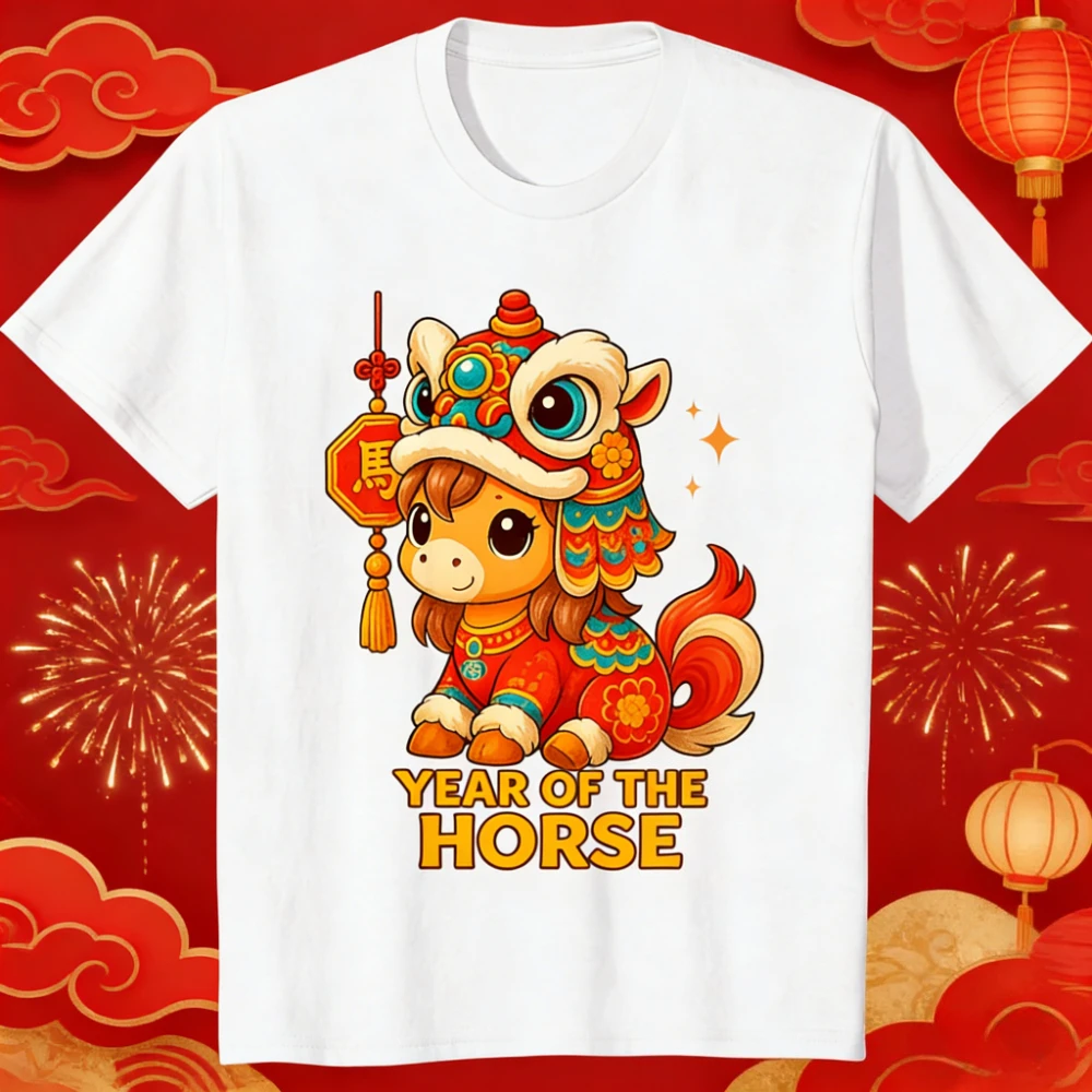 Chinesisches Neujahr des Pferdes 2026 Jungen und Mädchen T-Shirt Mondneujahr Kinder T-Shirt Niedliches Cartoon-Pferd bedrucktes Kinder-T-Shirt