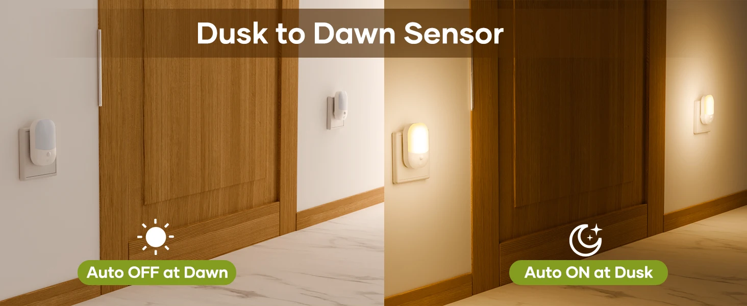 Plug in Night Light, Warm White LED Nightlights with Smart Dusk to Dawn Sensor for Kids, Nursery, Ideal for Bedroom, Bathroom