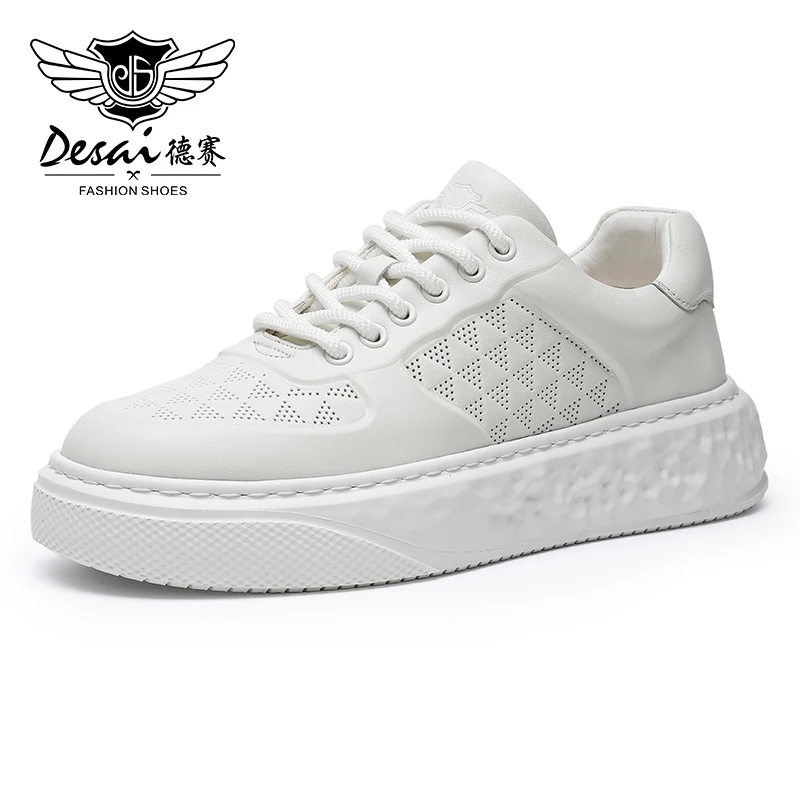 DESAI Brand Men Casual Shoes Sports Soft Outsole White Full Grain Leather Shoes Men Male 2023 Punch Design Breathable