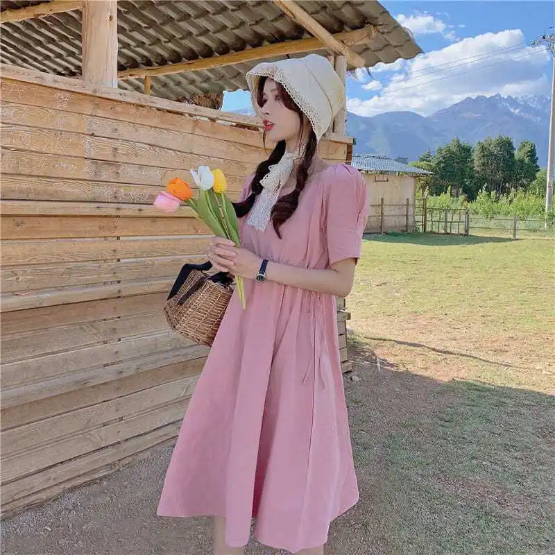 Sweet V-Neck Solid Color Shirring Bandage Bow Midi Dress Female Clothing Summer New Loose Korean Puff Sleeve Casual Dresses