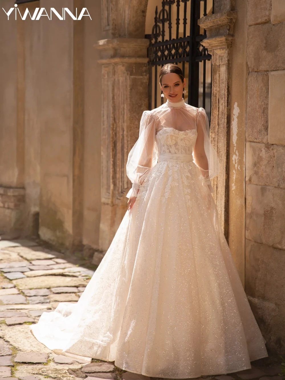 

Glitter Sequins Appliques Wedding Dress High Collar With Jacket Bride Robe Graceful Lace A-line Long Bridal Gown Robe De Mariée