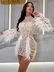 New Women Celebrity Sexy Long Sleeve Feather White Mini Pearl Bodycon Gowns Dress 2024 Elegant Evening Party Club Dress